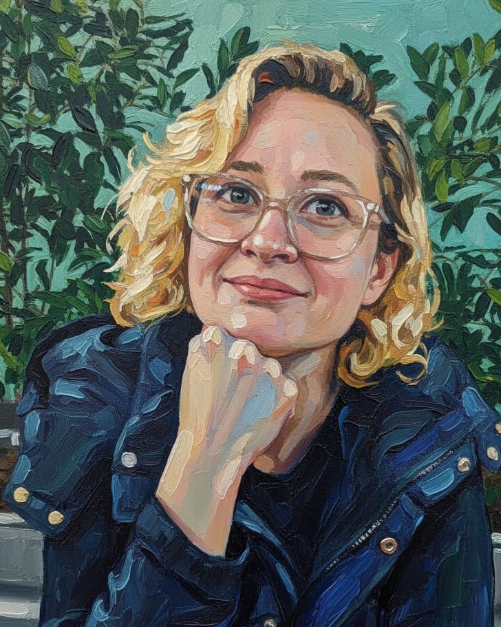 Painted portrait of Lynn Baxter resting her chin on her hand, greenery behind her